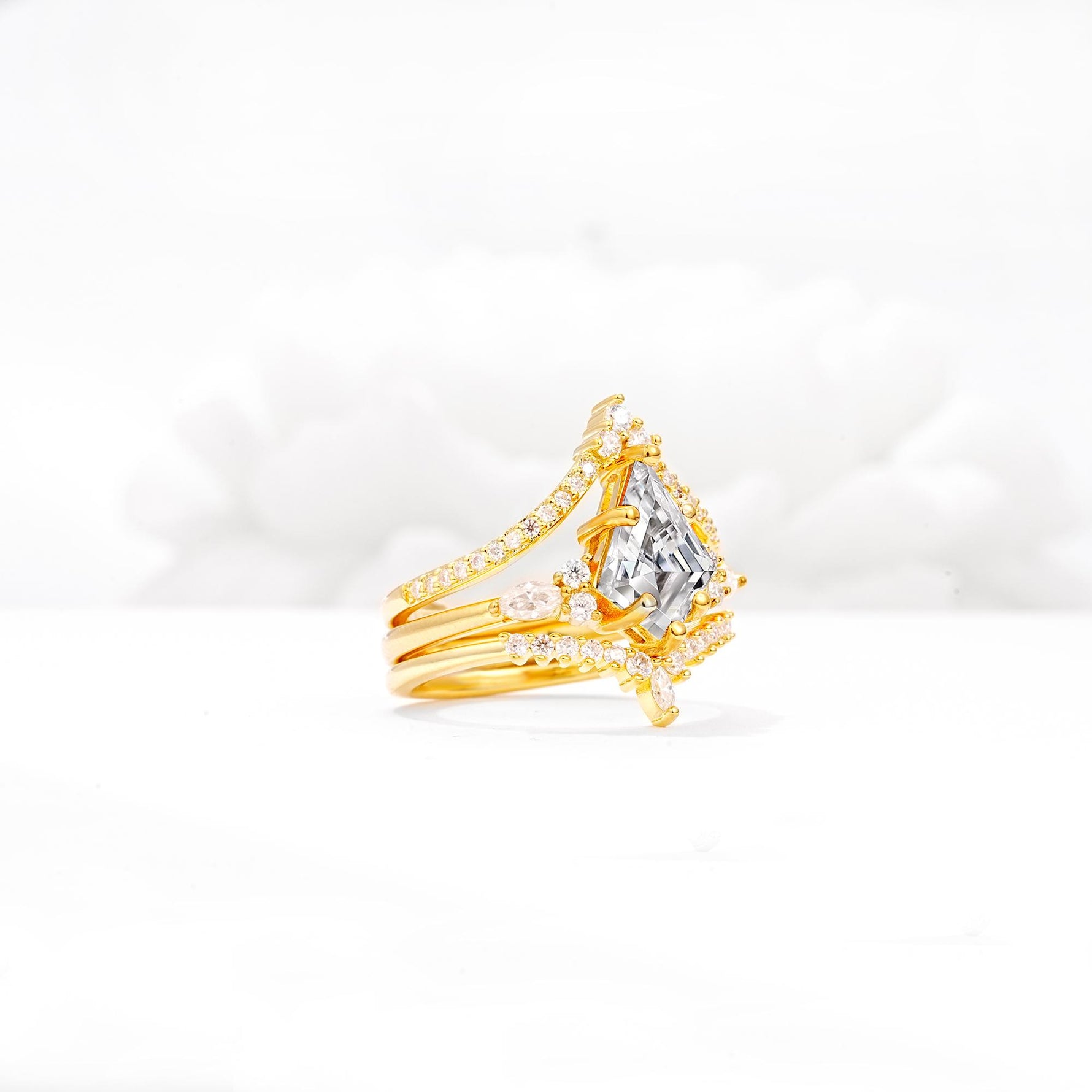 Kite Cut Lab Diamond Engagement Ring Set with Double Chevron Enhancers - White-Gold