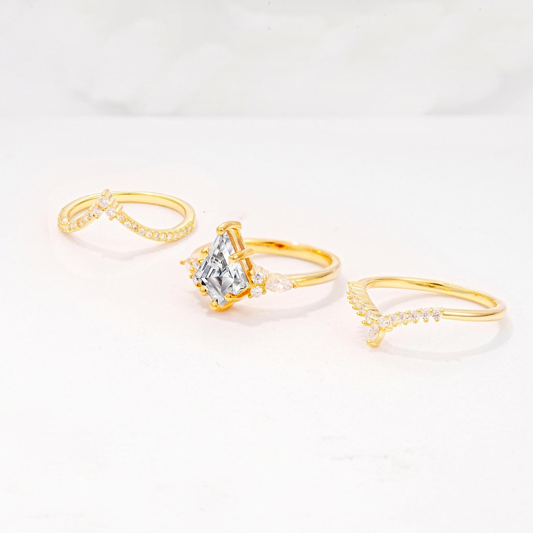Kite Cut Lab Diamond Engagement Ring Set with Double Chevron Enhancers - Additional view