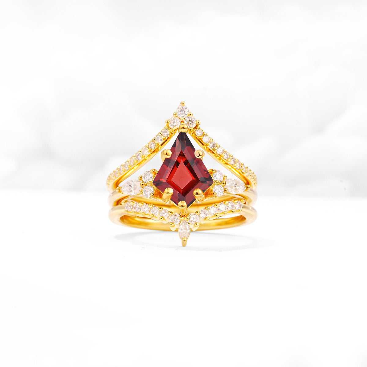 Kite Cut Garnet Engagement Ring Set with Double Chevron Enhancers - Yellow-Gold