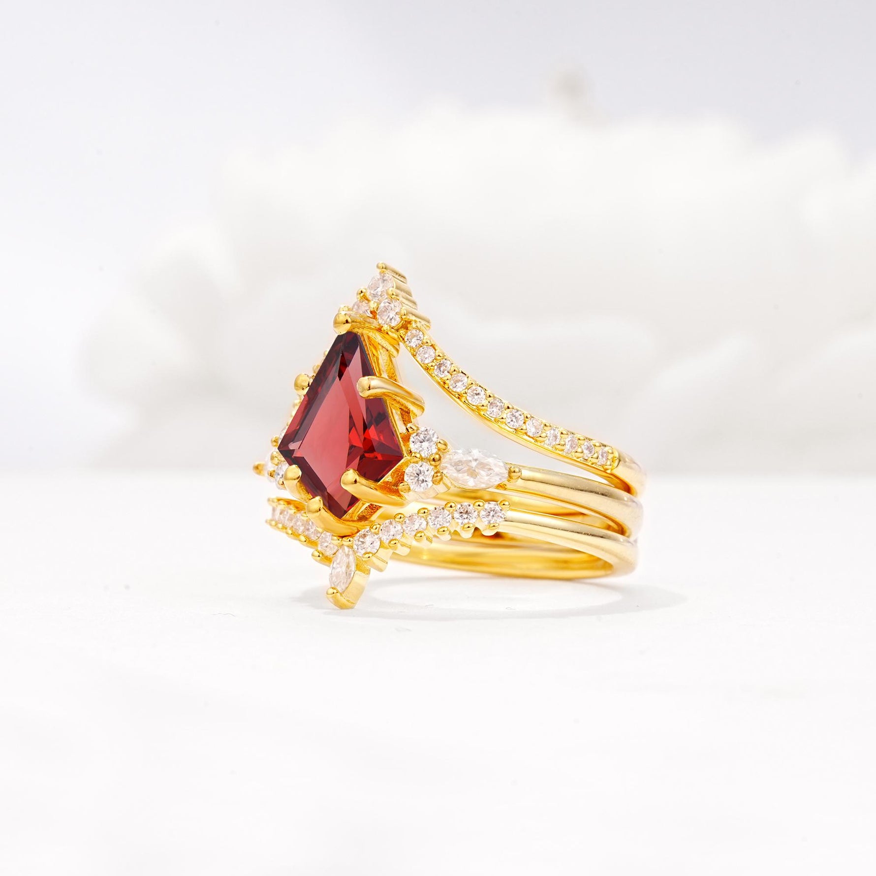 Kite Cut Garnet Engagement Ring Set with Double Chevron Enhancers - Rose-Gold