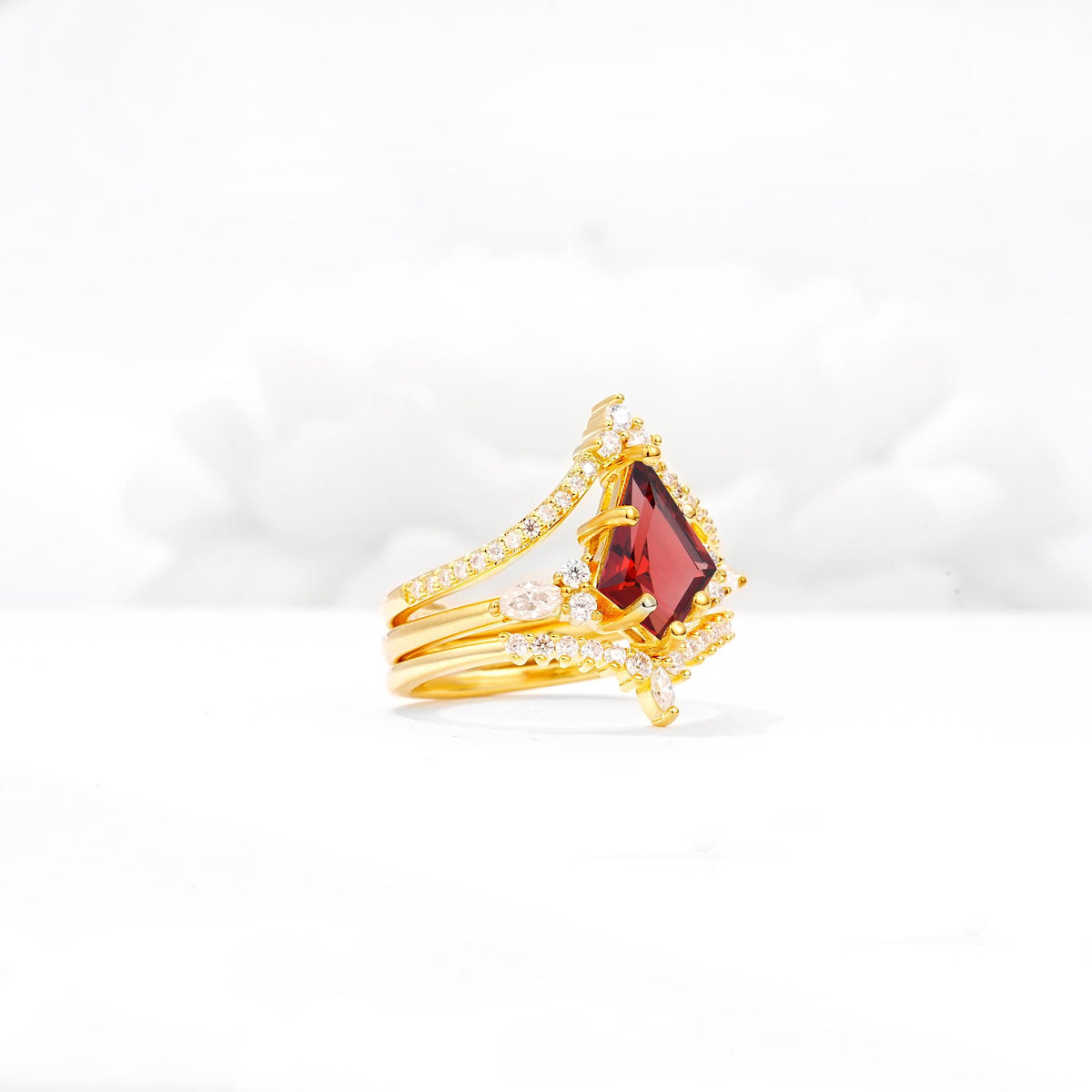 Kite Cut Garnet Engagement Ring Set with Double Chevron Enhancers - White-Gold