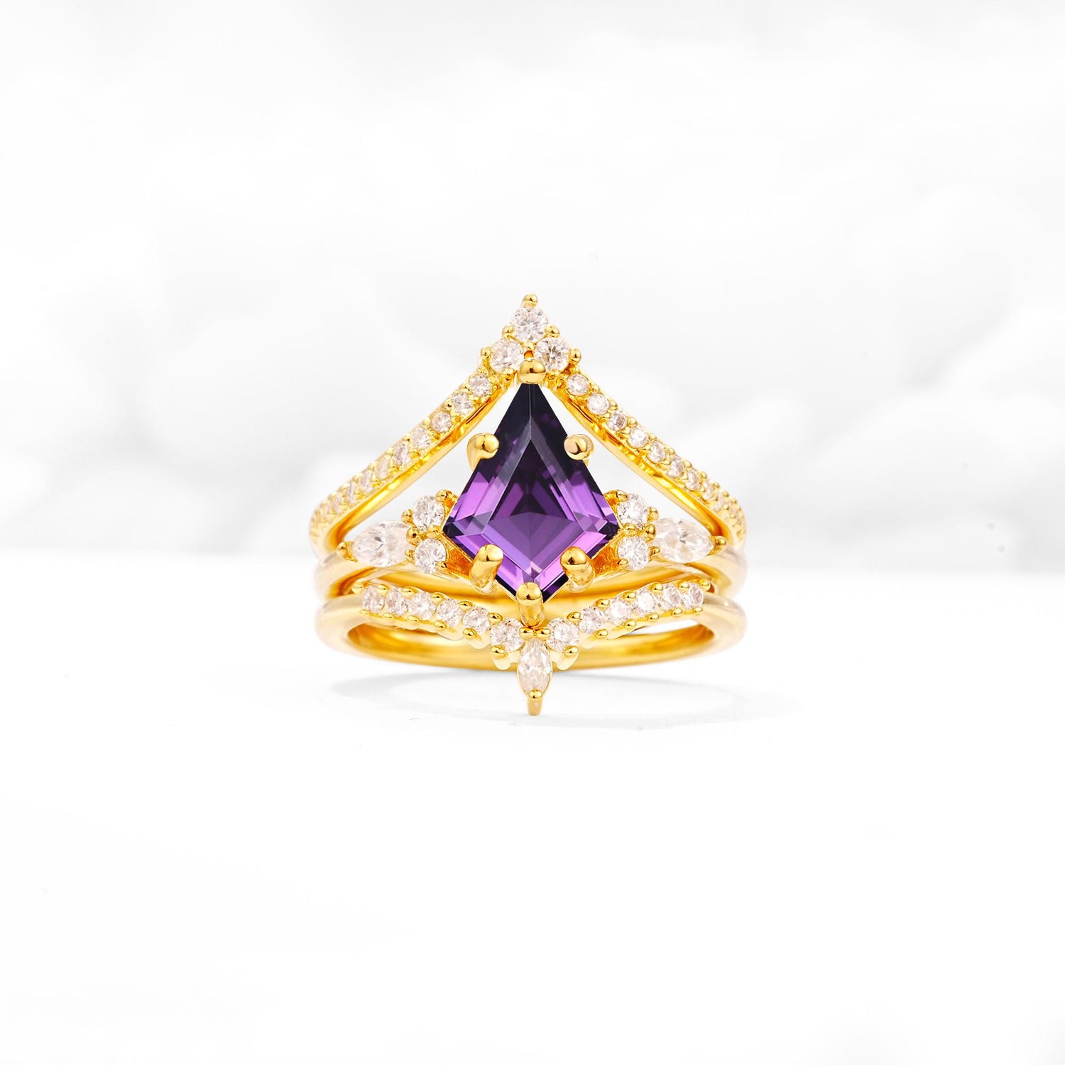 Kite Cut Amethyst Engagement Ring Set with Double Chevron Enhancers - Yellow-Gold