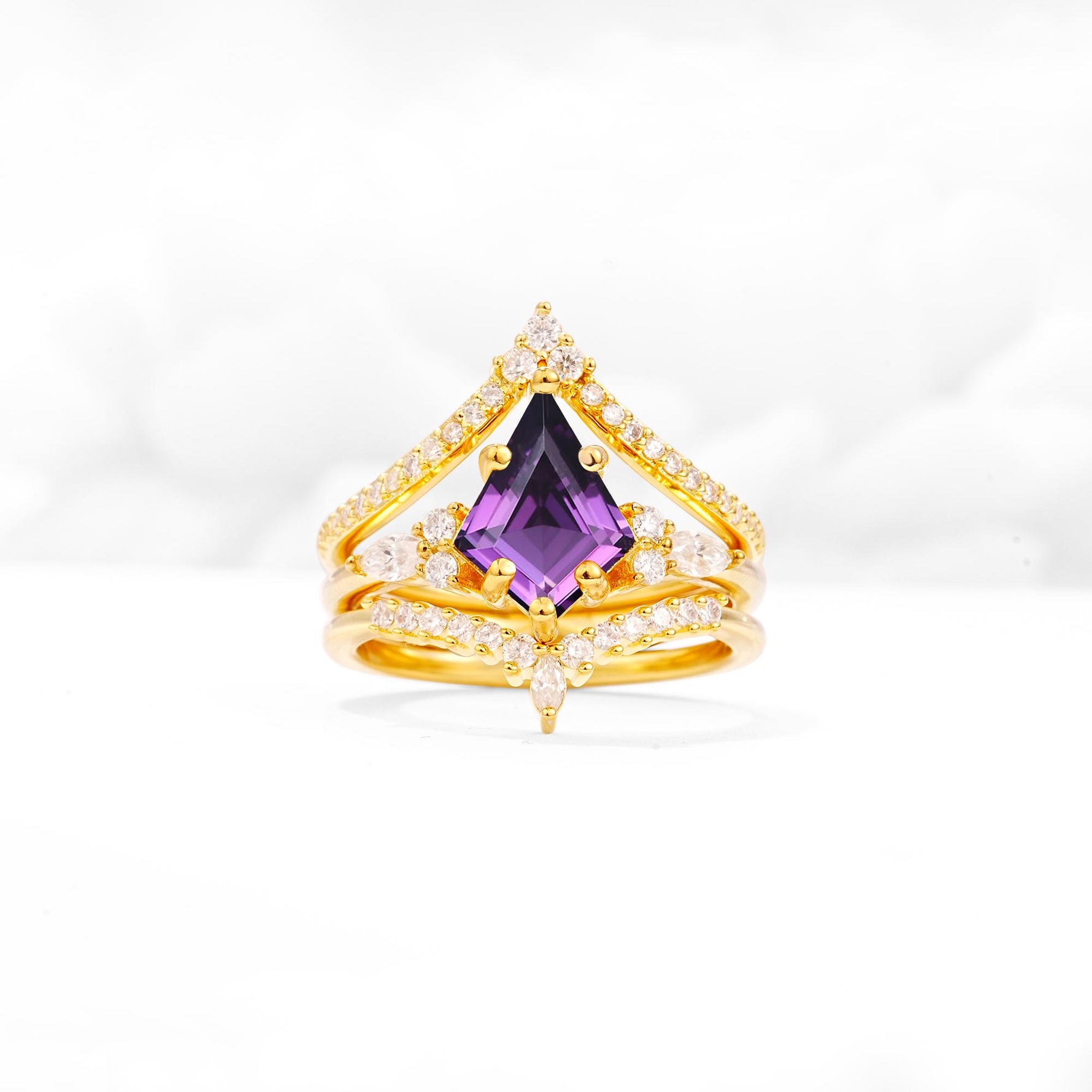 Kite Cut Amethyst Engagement Ring Set with Double Chevron Enhancers - Yellow-Gold