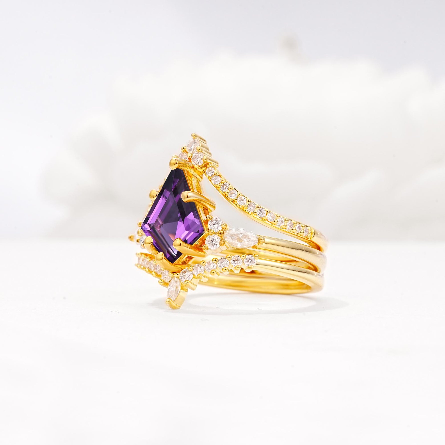 Kite Cut Amethyst Engagement Ring Set with Double Chevron Enhancers - Rose-Gold