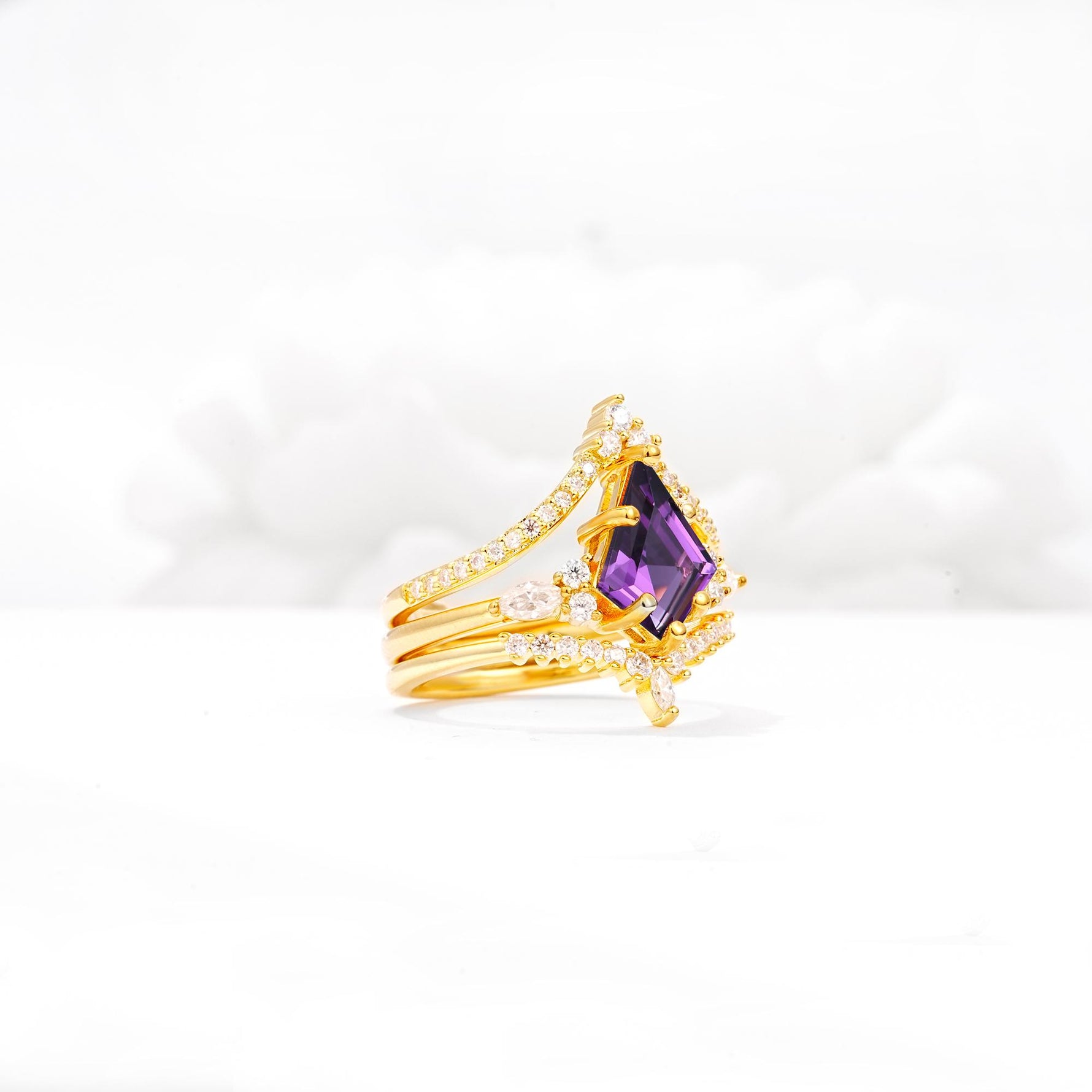 Kite Cut Amethyst Engagement Ring Set with Double Chevron Enhancers - White-Gold