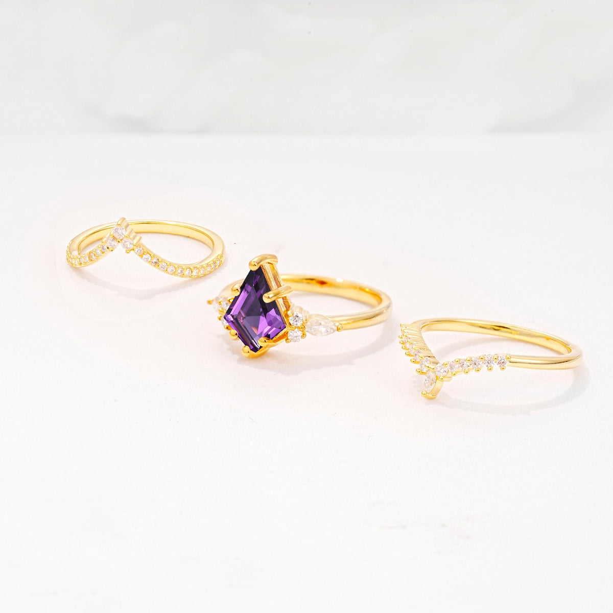 Kite Cut Amethyst Engagement Ring Set with Double Chevron Enhancers - Additional view