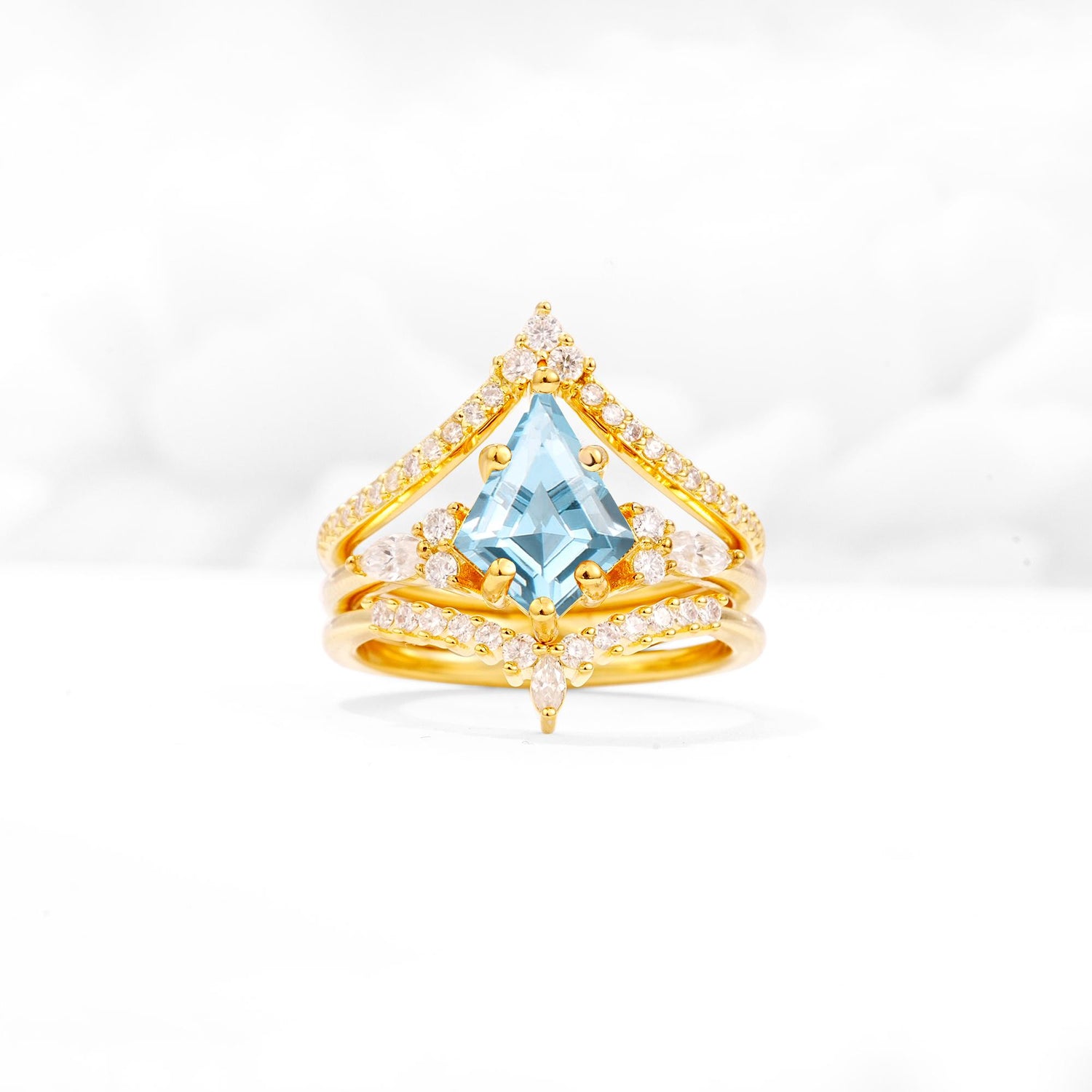 Kite Cut Aquamarine Engagement Ring Set with Double Chevron Enhancers - Yellow-Gold