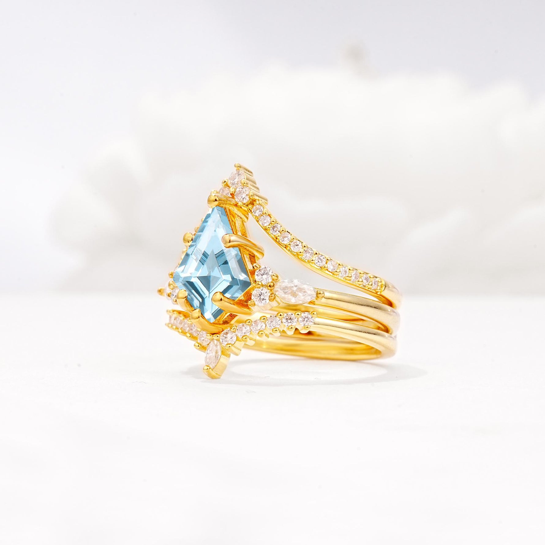 Kite Cut Aquamarine Engagement Ring Set with Double Chevron Enhancers - Rose-Gold