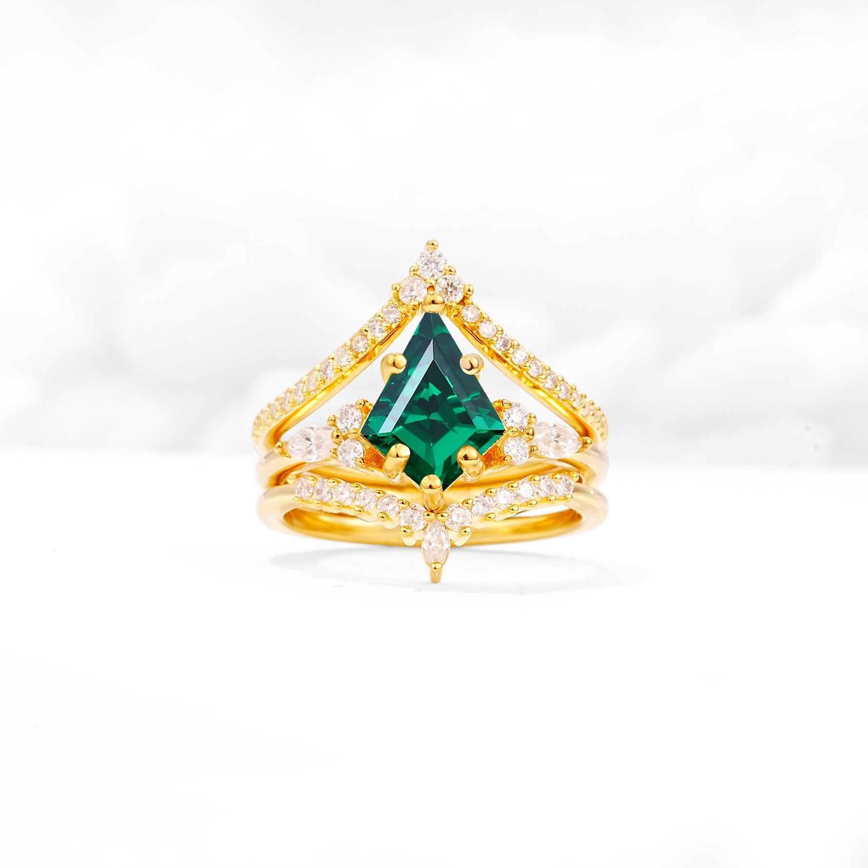 Kite Cut Emerald Engagement Ring Set with Double Chevron Enhancers - Yellow-Gold