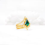 Kite Cut Emerald Engagement Ring Set with Double Chevron Enhancers - White-Gold