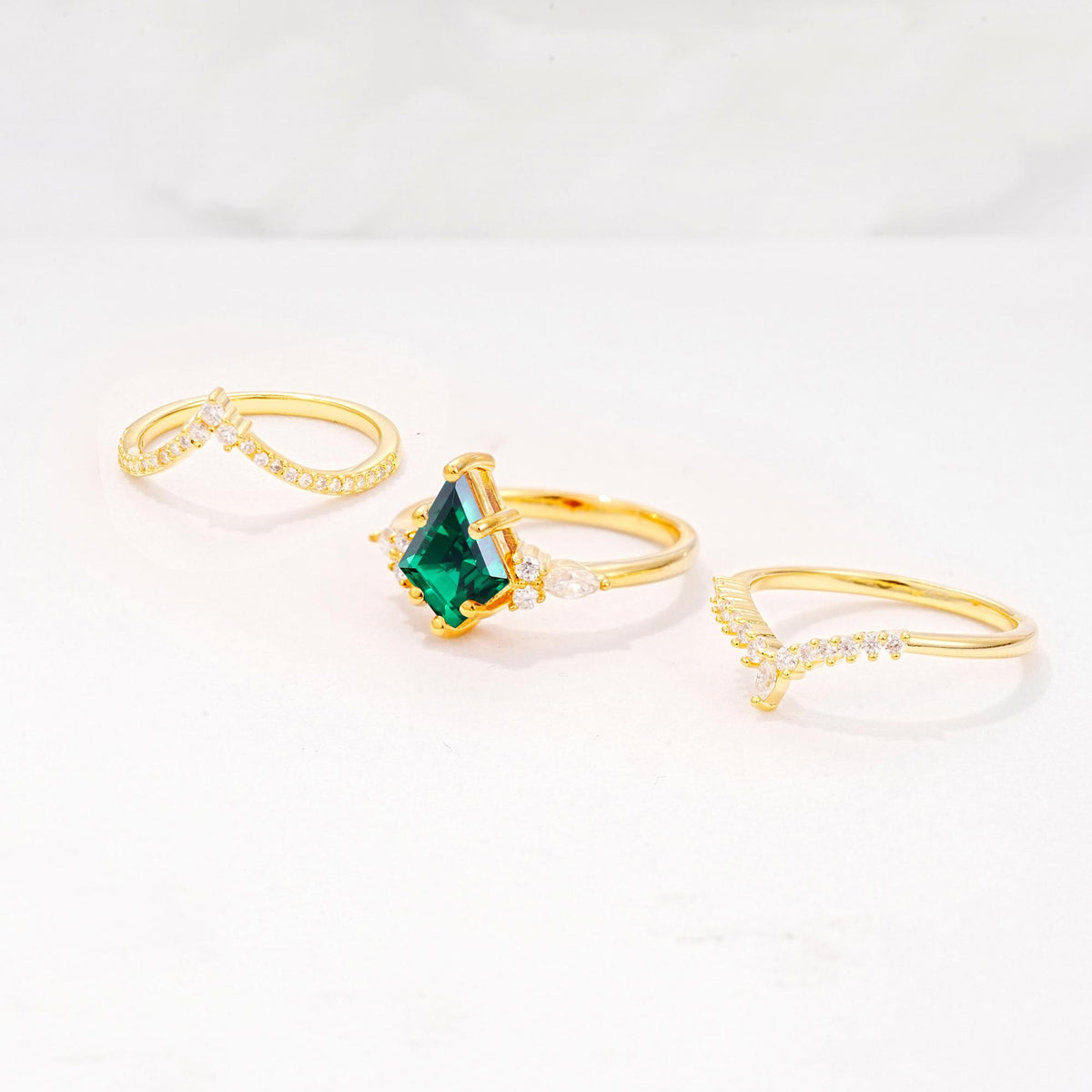 Kite Cut Emerald Engagement Ring Set with Double Chevron Enhancers - Additional view