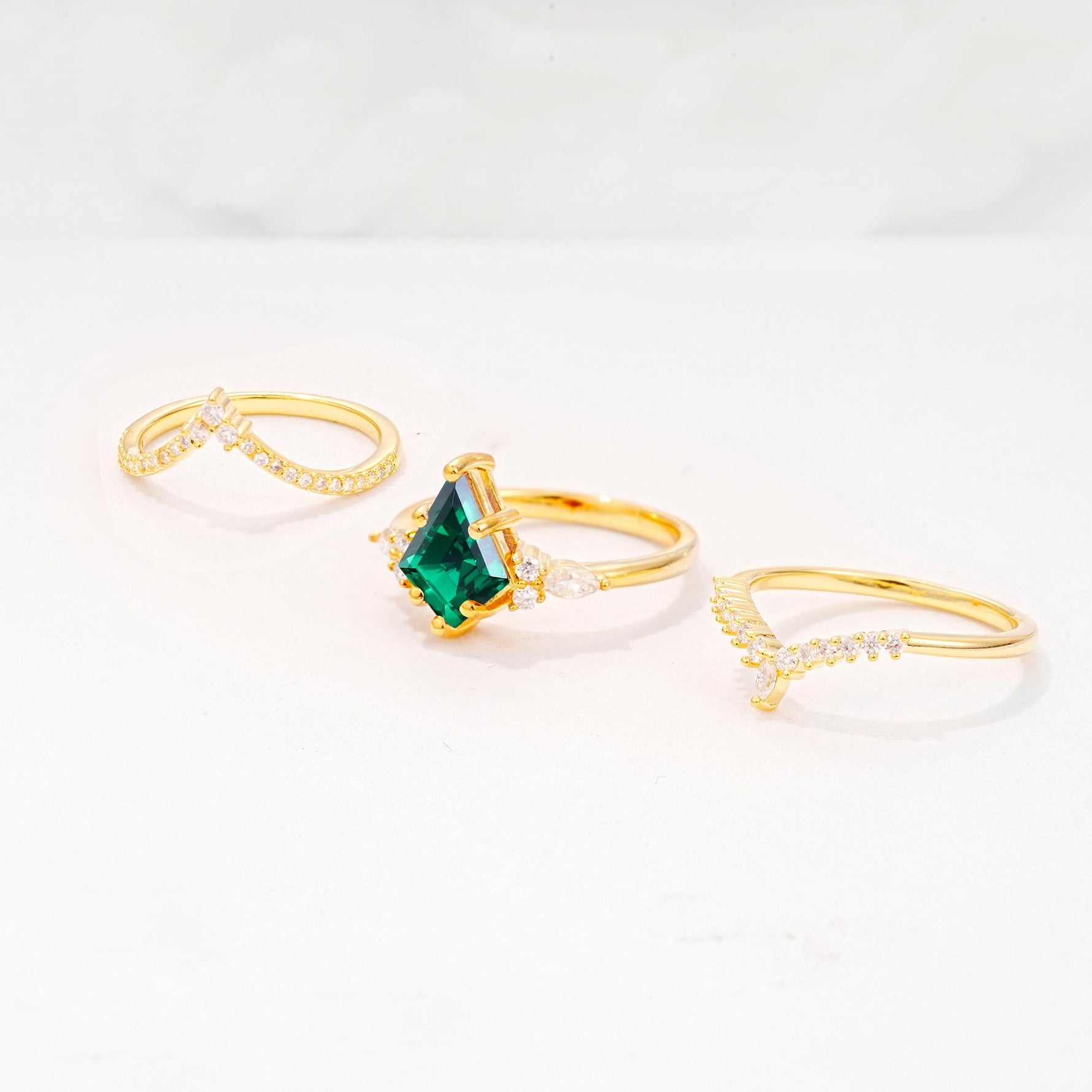Kite Cut Emerald Engagement Ring Set with Double Chevron Enhancers - Additional view