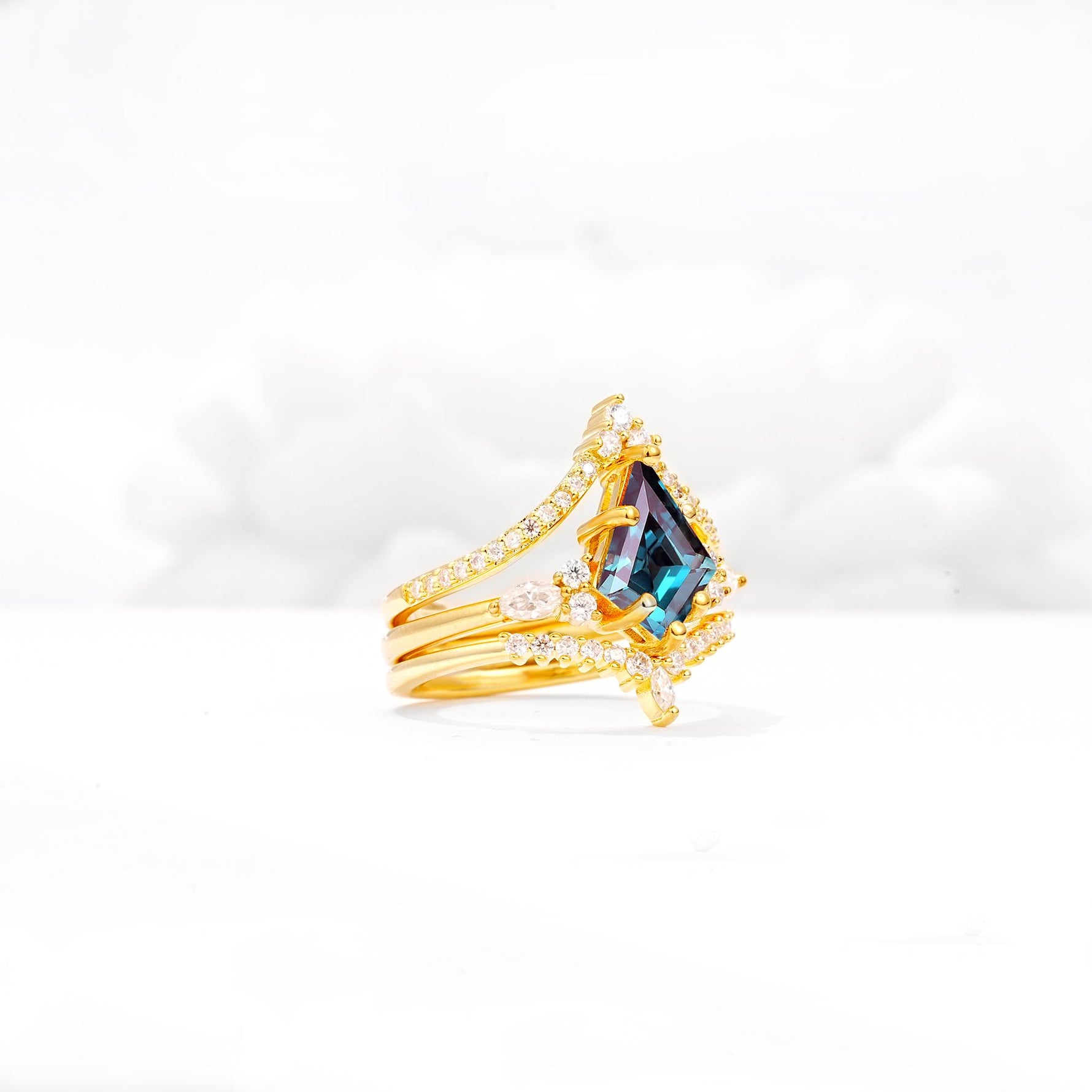 Kite Cut Alexandrite Engagement Ring Set with Double Chevron Enhancers - White-Gold