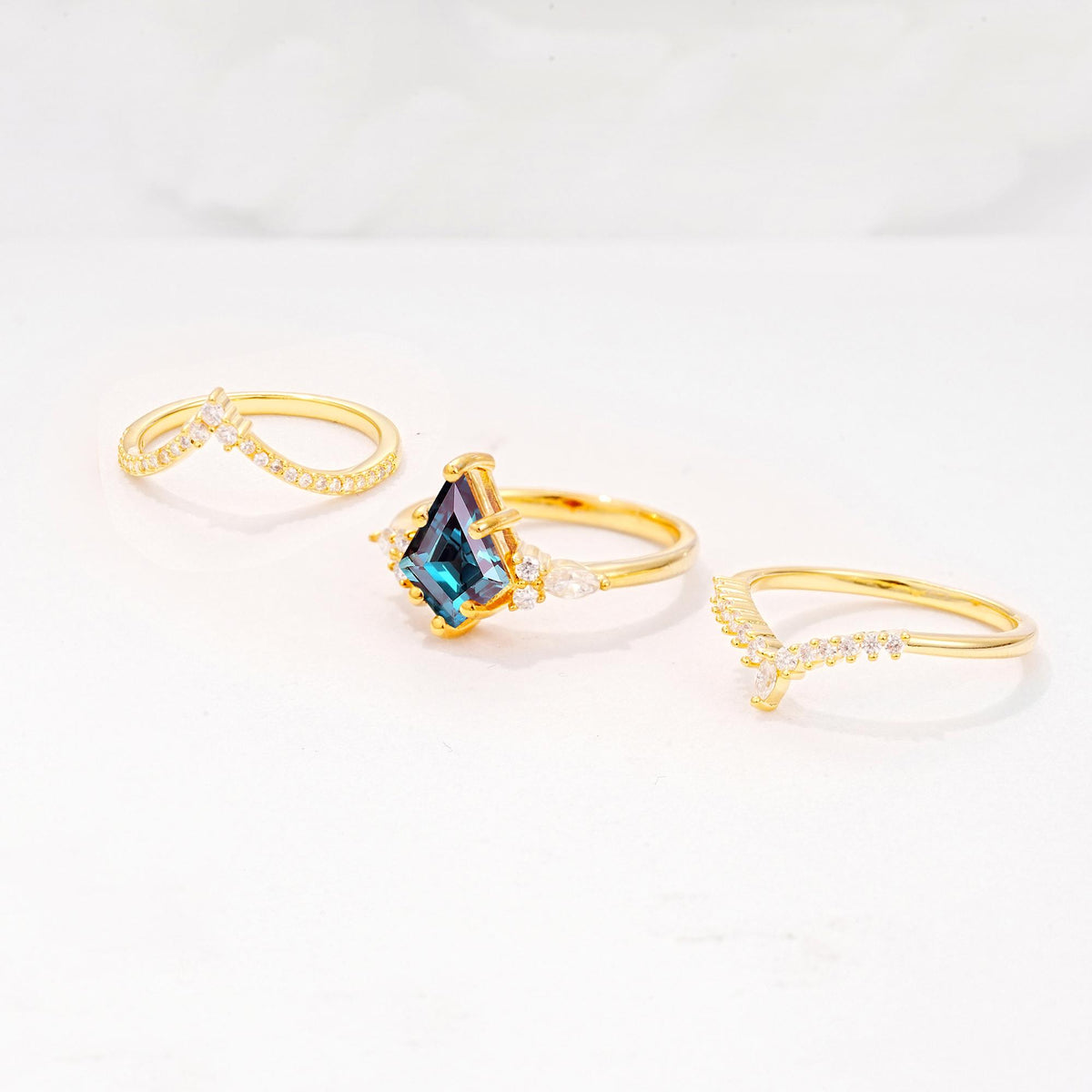 Kite Cut Alexandrite Engagement Ring Set with Double Chevron Enhancers - Additional view