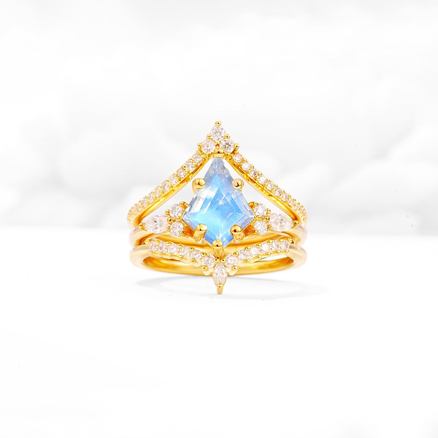 Kite Cut Moonstone Engagement Ring Set with Double Chevron Enhancers - Yellow-Gold