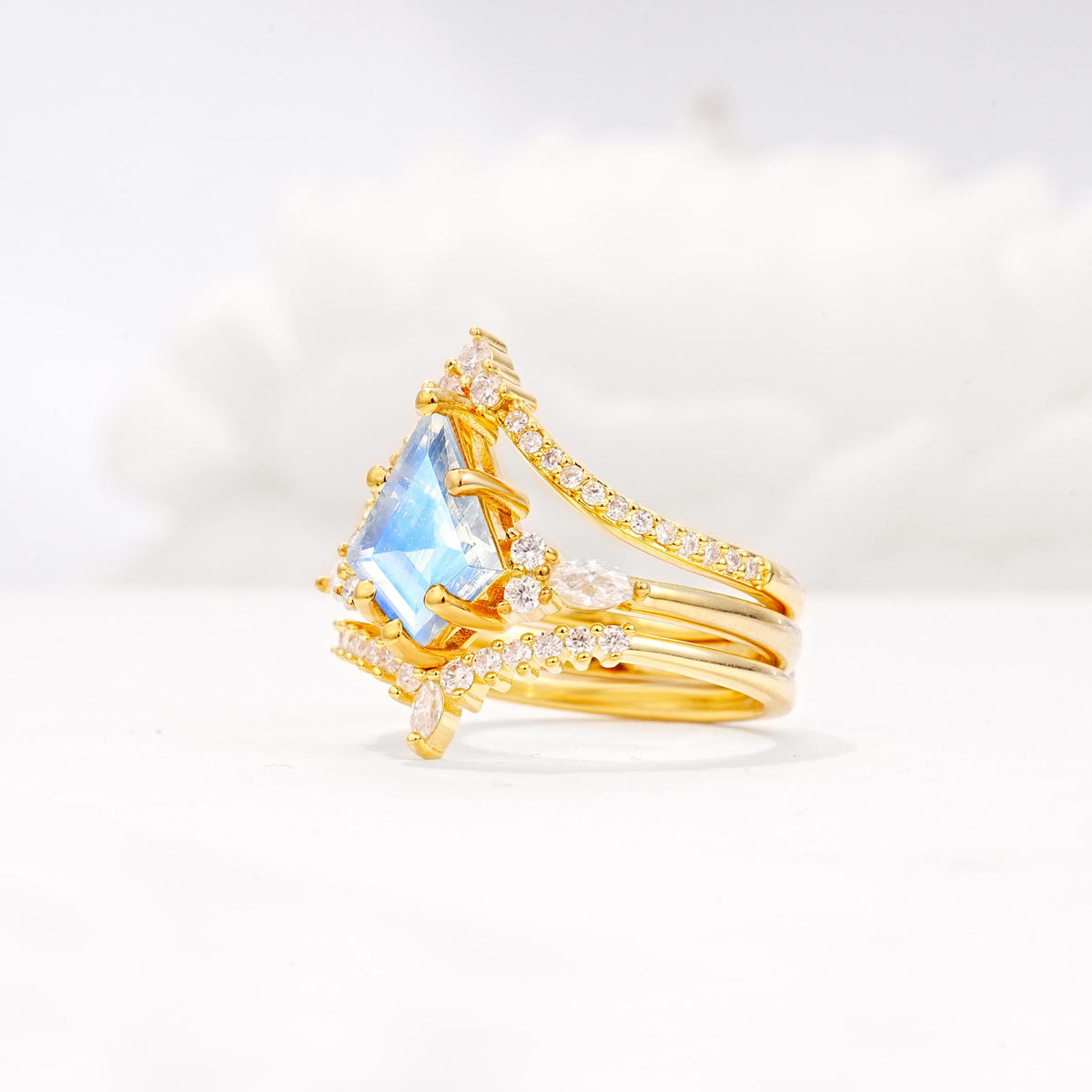 Kite Cut Moonstone Engagement Ring Set with Double Chevron Enhancers - Rose-Gold