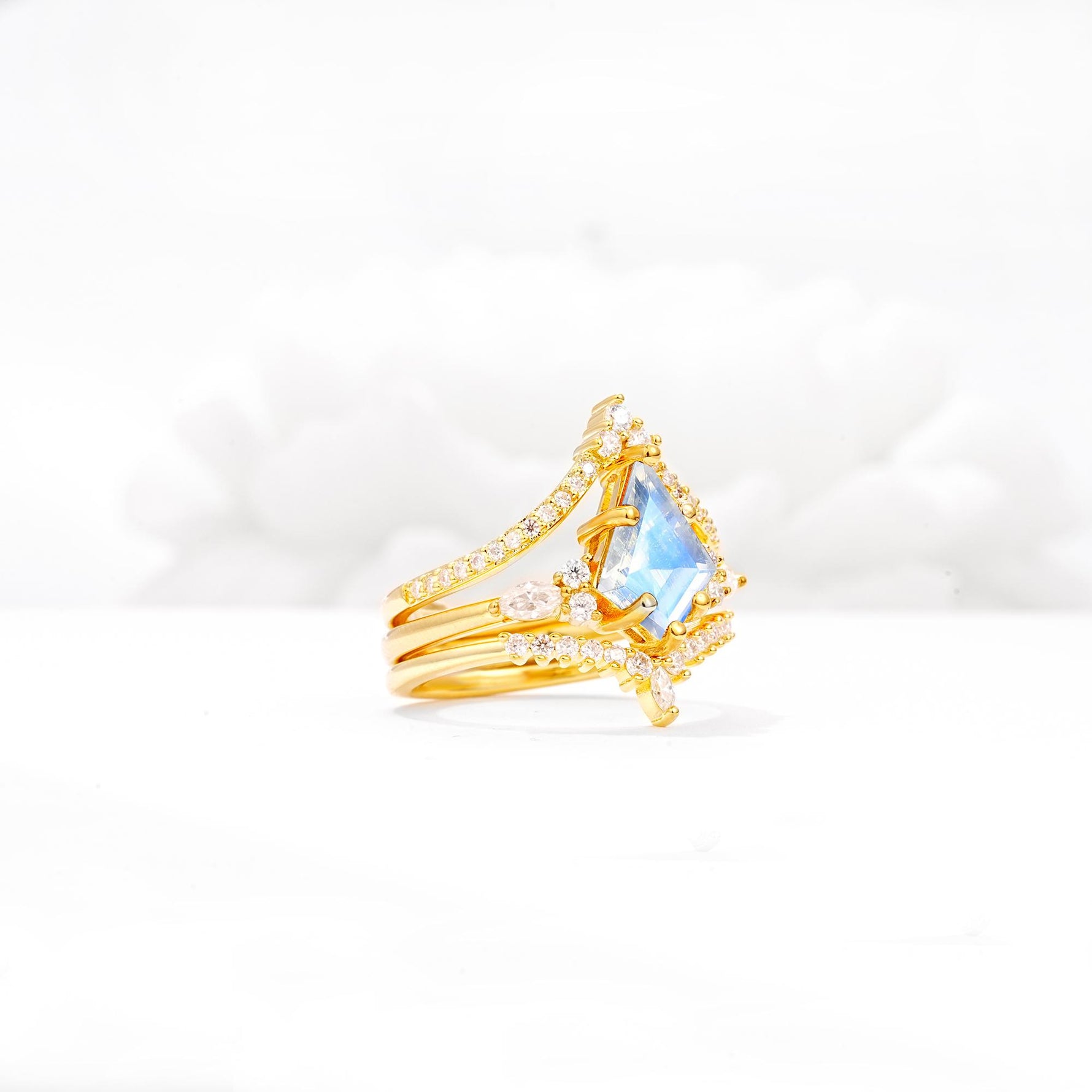 Kite Cut Moonstone Engagement Ring Set with Double Chevron Enhancers - White-Gold