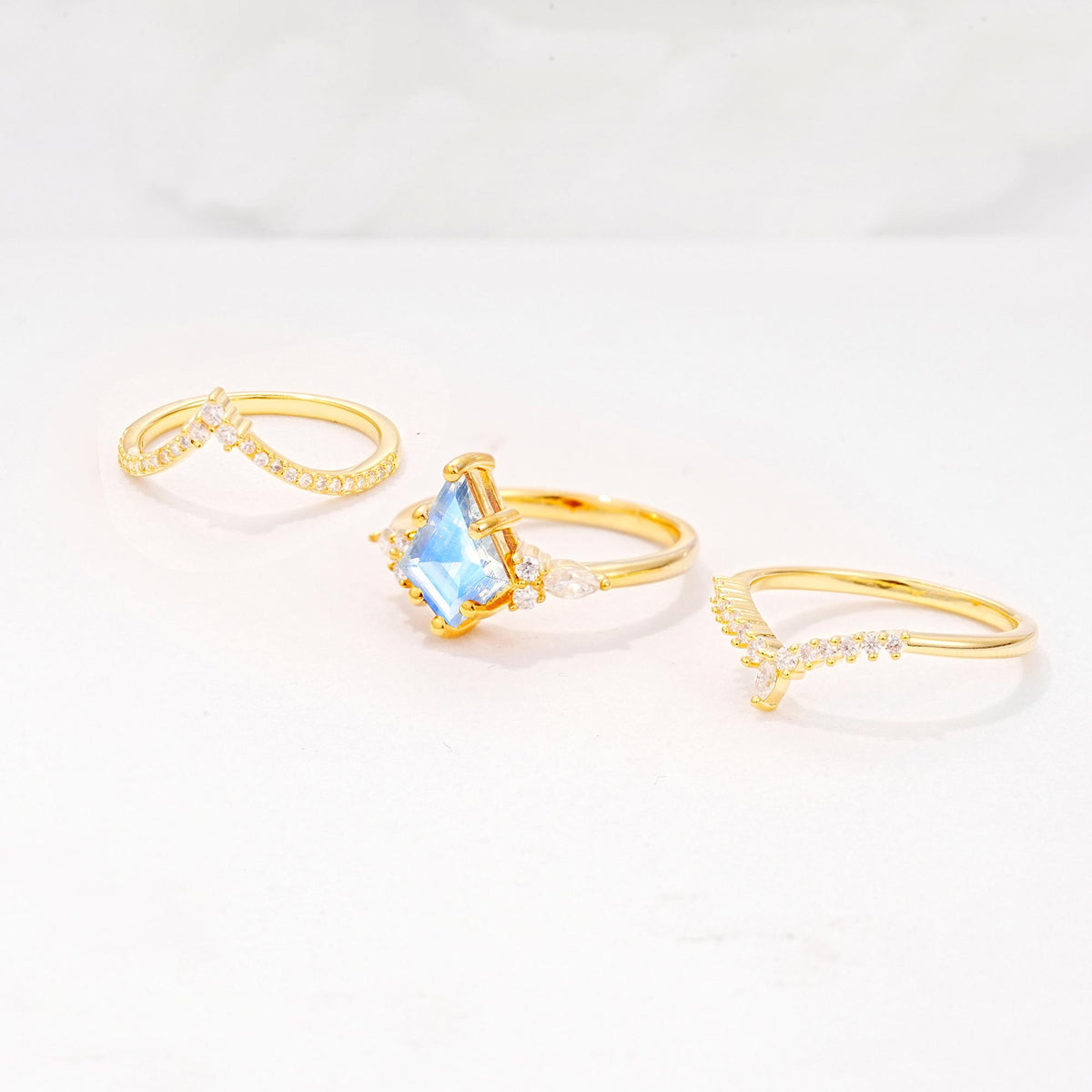 Kite Cut Moonstone Engagement Ring Set with Double Chevron Enhancers - Additional view