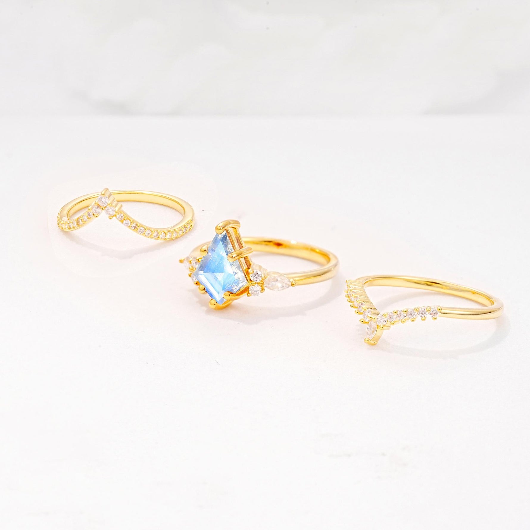Kite Cut Moonstone Engagement Ring Set with Double Chevron Enhancers - Additional view