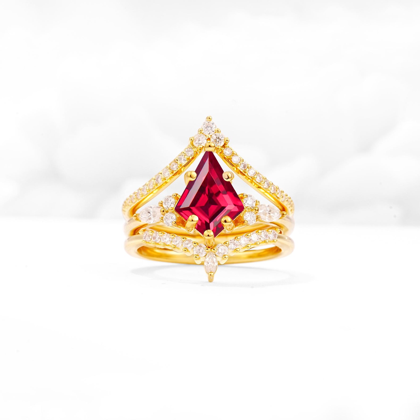 Kite Cut Ruby Engagement Ring Set with Double Chevron Enhancers - Yellow-Gold