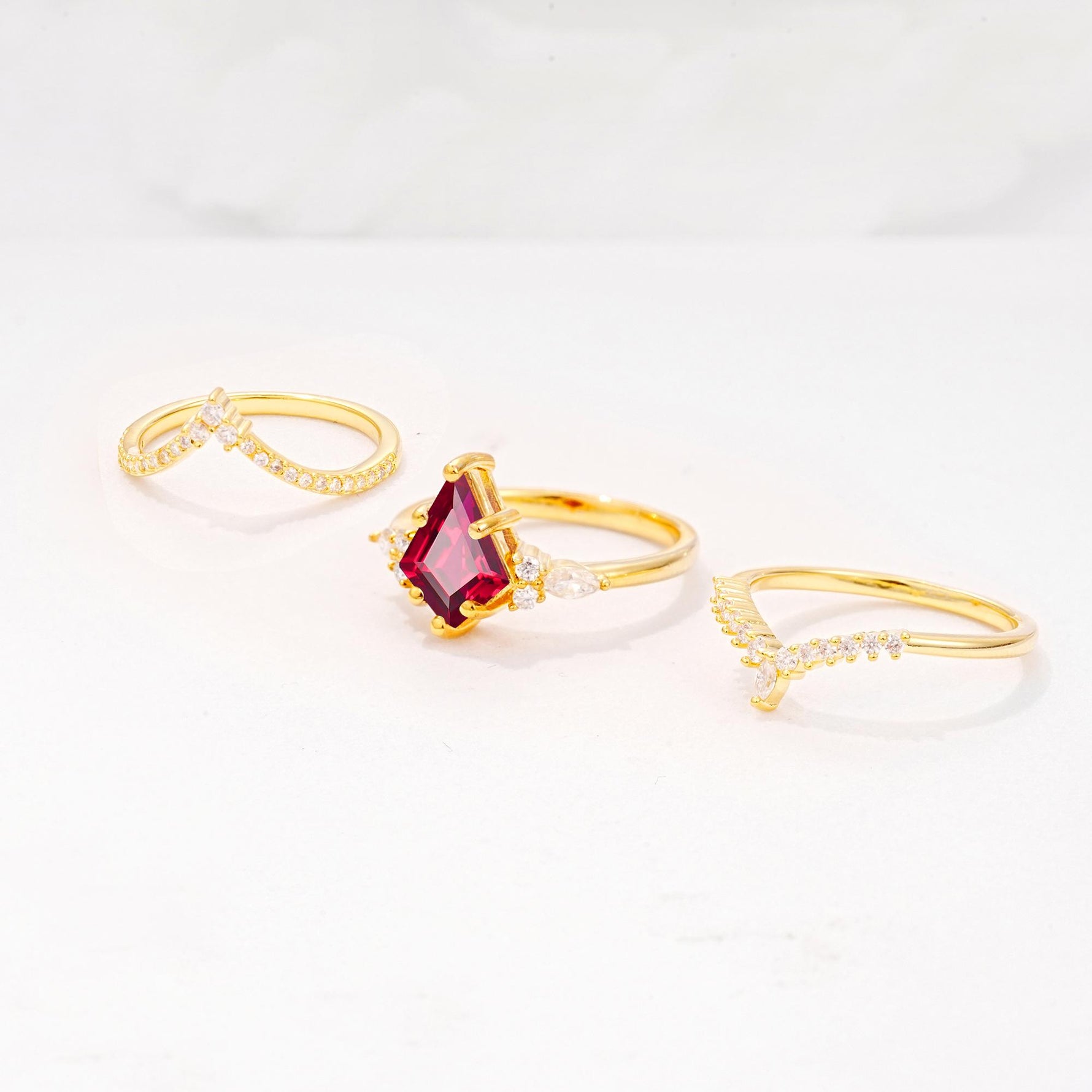 Kite Cut Ruby Engagement Ring Set with Double Chevron Enhancers - Additional view