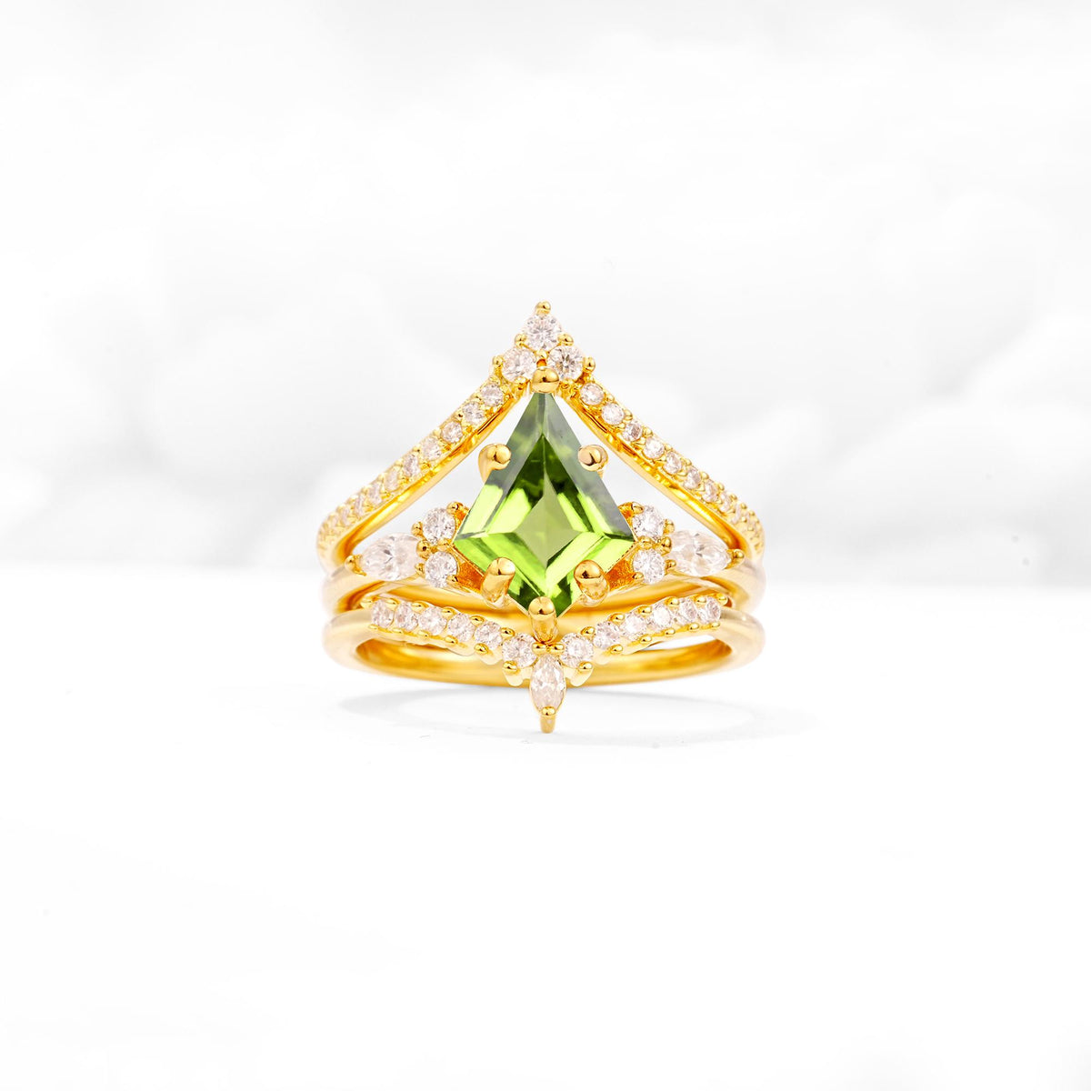 Kite Cut Peridot Engagement Ring Set with Double Chevron Enhancers - Yellow-Gold