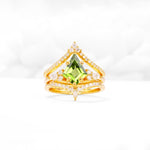 Kite Cut Peridot Engagement Ring Set with Double Chevron Enhancers - Yellow-Gold