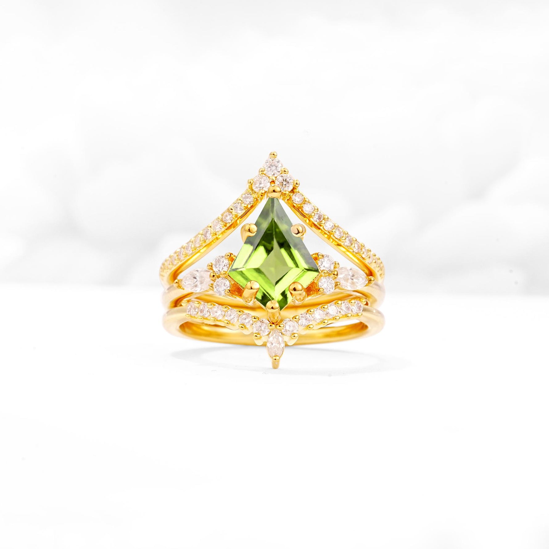 Kite Cut Peridot Engagement Ring Set with Double Chevron Enhancers - Yellow-Gold
