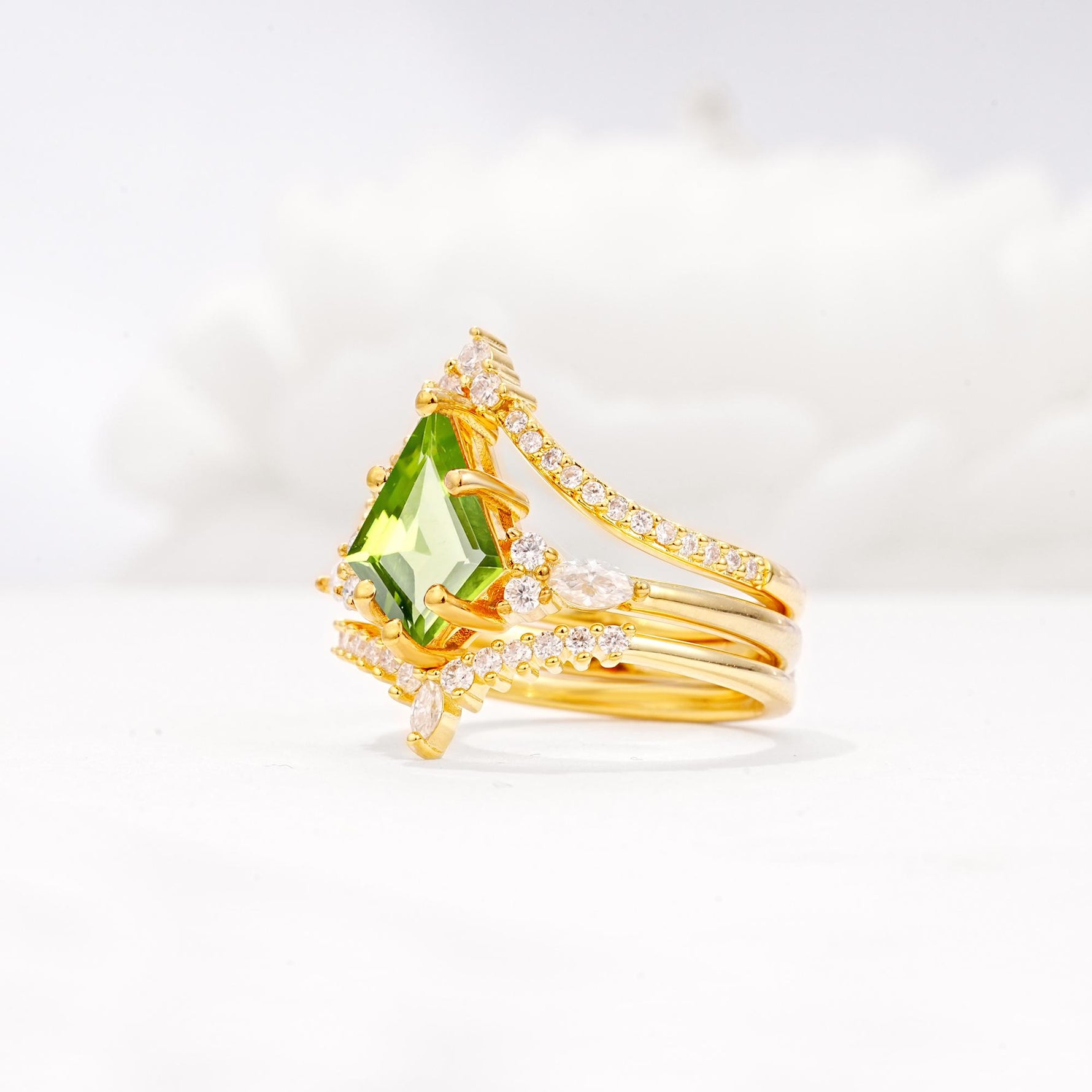 Kite Cut Peridot Engagement Ring Set with Double Chevron Enhancers - Rose-Gold