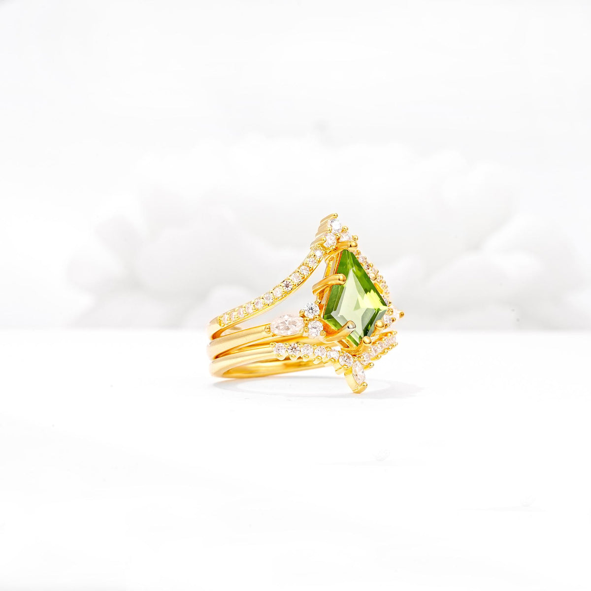 Kite Cut Peridot Engagement Ring Set with Double Chevron Enhancers - White-Gold