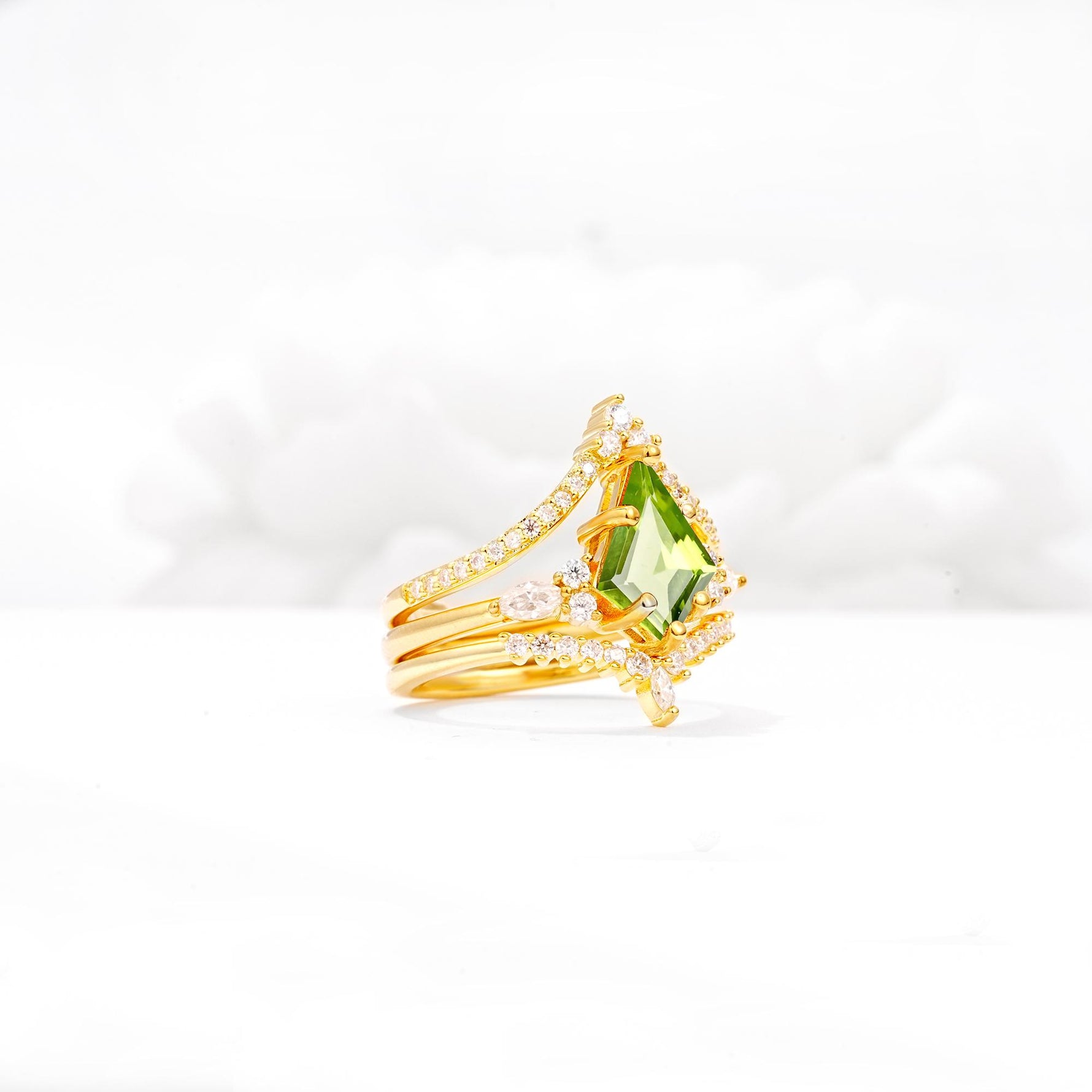 Kite Cut Peridot Engagement Ring Set with Double Chevron Enhancers - White-Gold