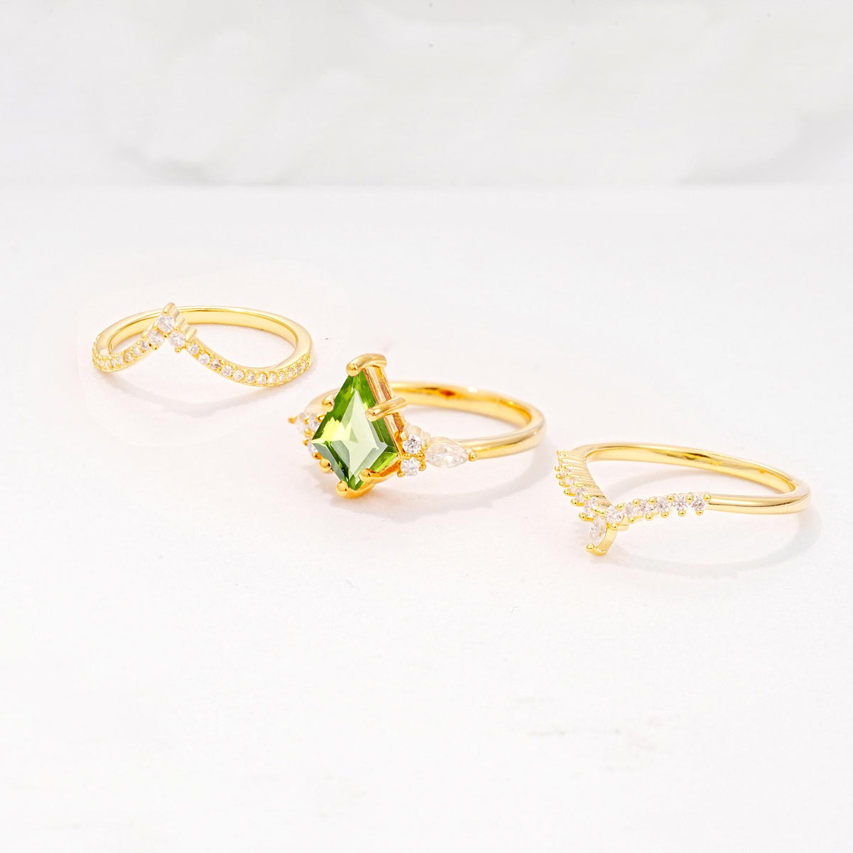 Kite Cut Peridot Engagement Ring Set with Double Chevron Enhancers - Additional view
