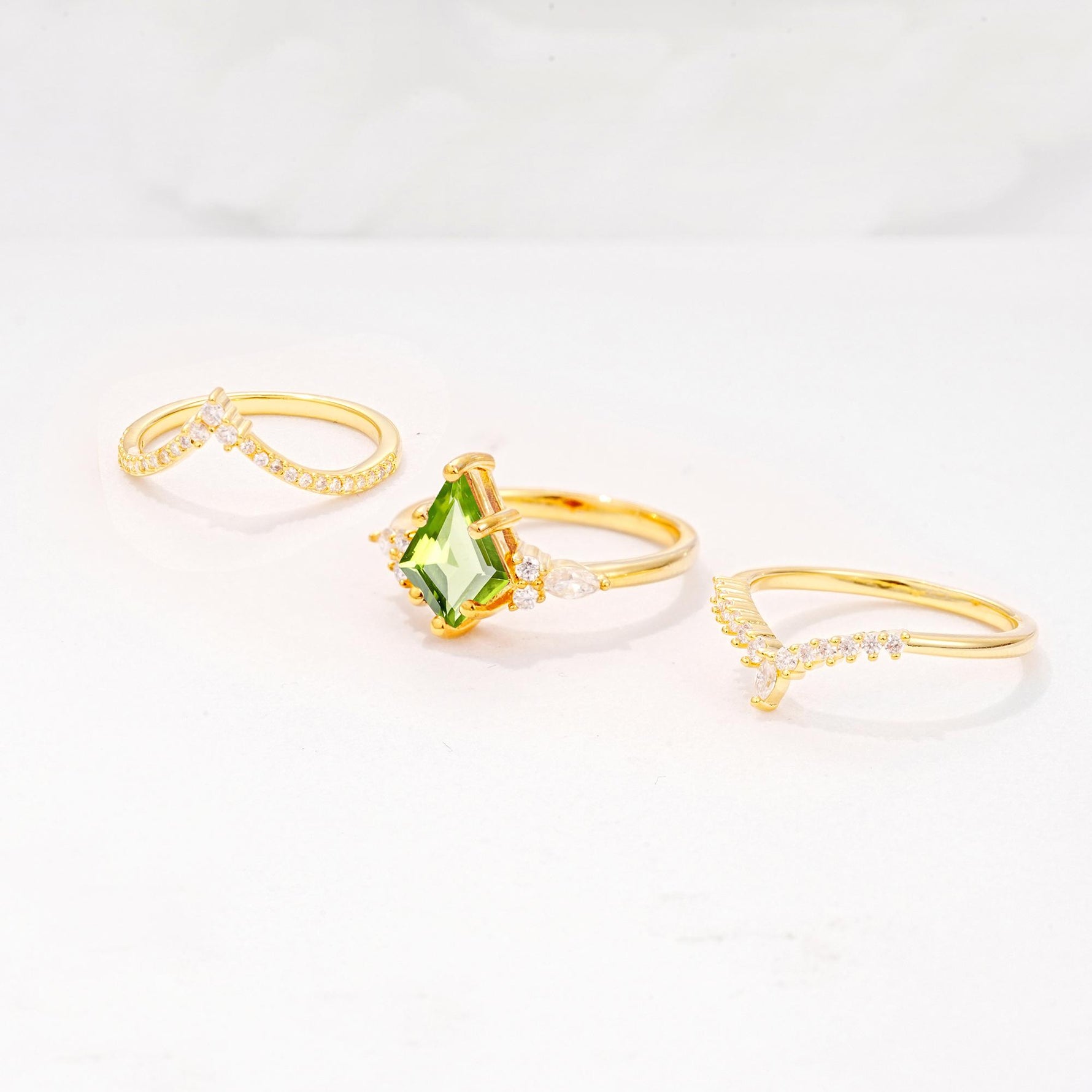 Kite Cut Peridot Engagement Ring Set with Double Chevron Enhancers - Additional view