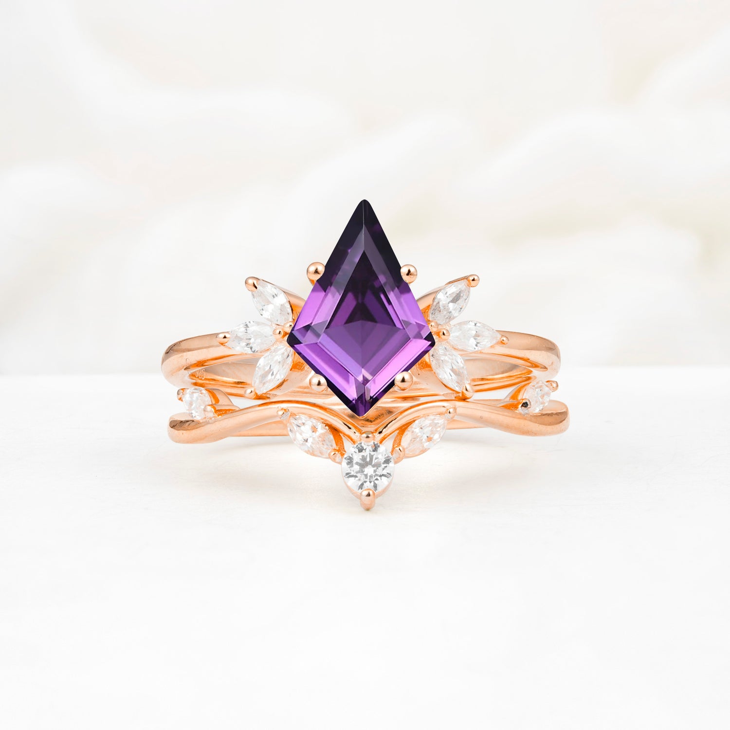 Vintage Floral Split Shank Kite Cut Amethyst Bridal Ring Set