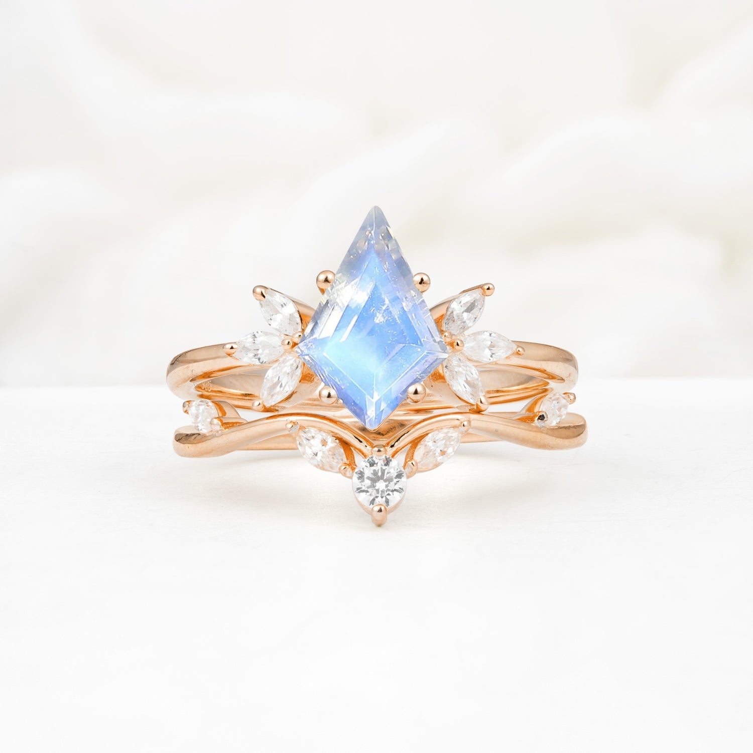 Vintage Floral Split Shank Kite Cut Moonstone Bridal Ring Set
