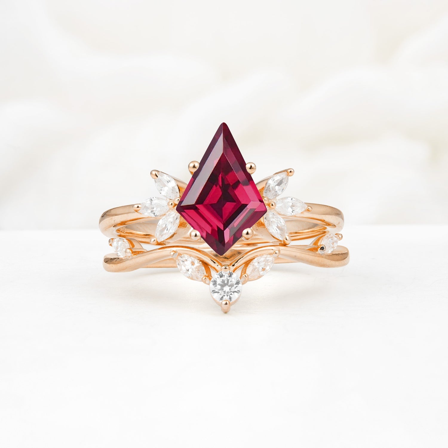 Vintage Floral Split Shank Kite Cut Ruby Bridal Ring Set