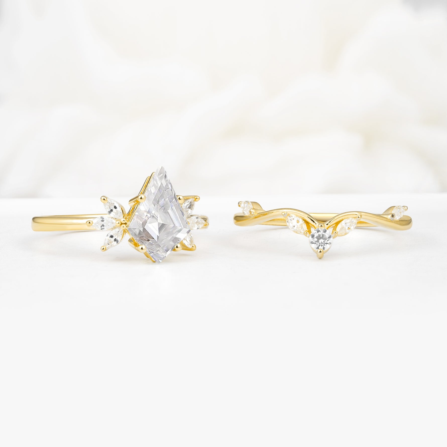 Vintage Floral Split Shank Kite Cut Moissanite Bridal Ring Set - White-Gold