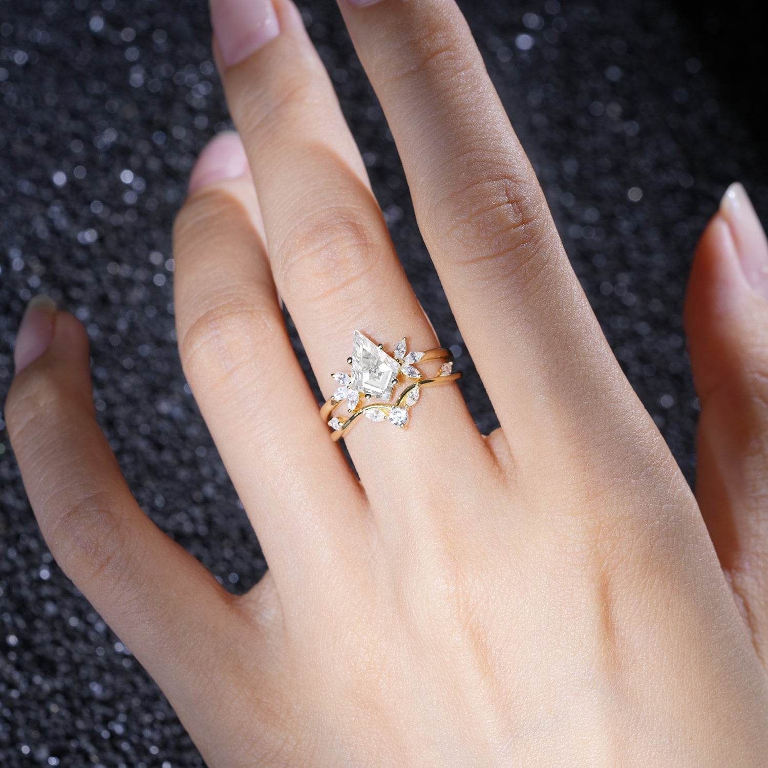 Vintage Floral Split Shank Kite Cut Moissanite Bridal Ring Set - Additional view