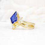 Vintage Floral Split Shank Kite Cut Sapphire Bridal Ring Set - Rose-Gold