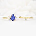 Vintage Floral Split Shank Kite Cut Sapphire Bridal Ring Set - White-Gold