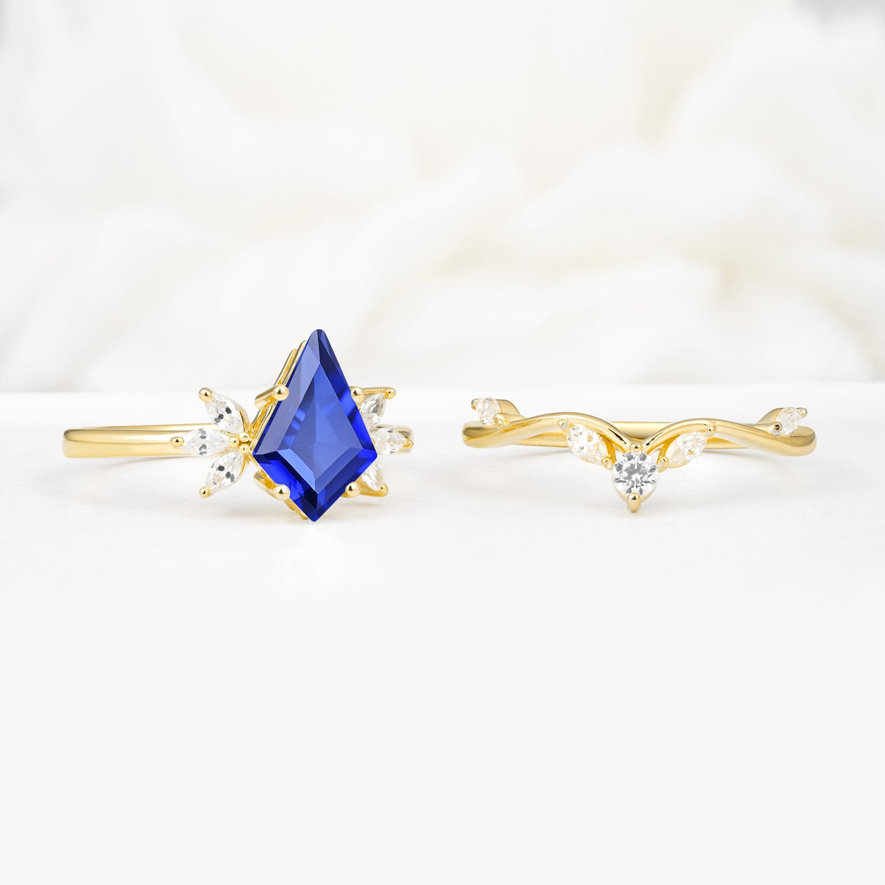 Vintage Floral Split Shank Kite Cut Sapphire Bridal Ring Set - White-Gold