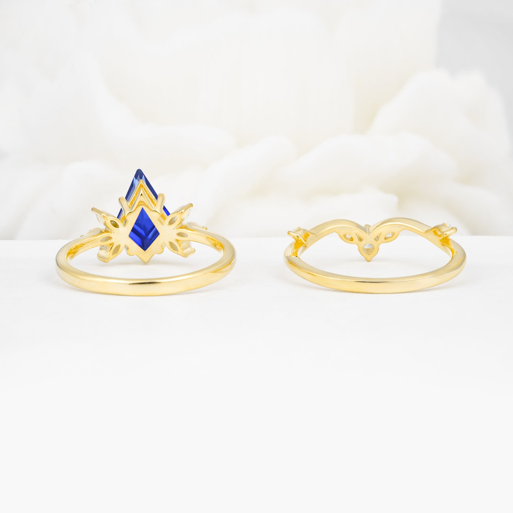 Vintage Floral Split Shank Kite Cut Sapphire Bridal Ring Set - Additional view