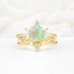 Vintage Floral Split Shank Kite Cut Fire Opal Bridal Ring Set - Yellow-Gold