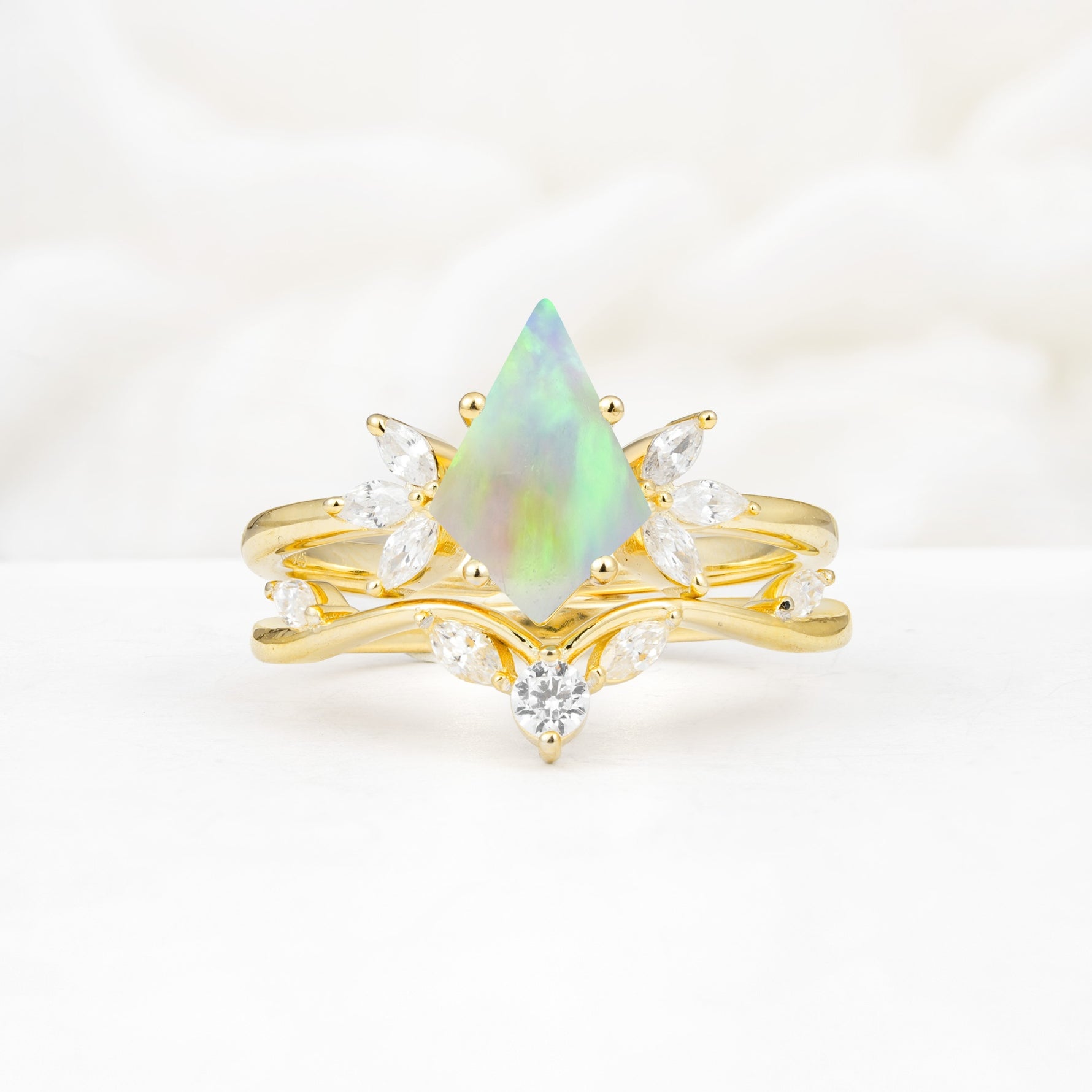 Vintage Floral Split Shank Kite Cut Fire Opal Bridal Ring Set - Yellow-Gold