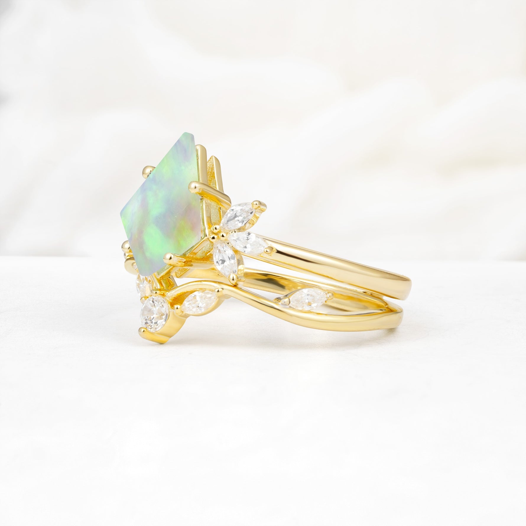 Vintage Floral Split Shank Kite Cut Fire Opal Bridal Ring Set - Rose-Gold