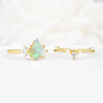 Vintage Floral Split Shank Kite Cut Fire Opal Bridal Ring Set - White-Gold