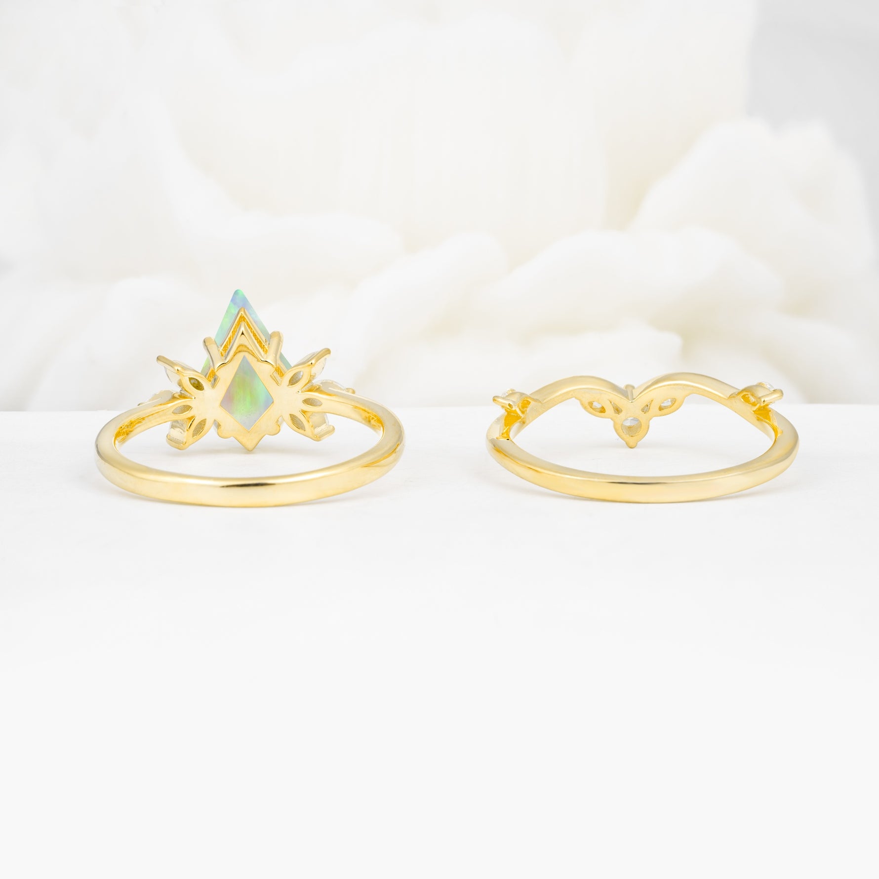 Vintage Floral Split Shank Kite Cut Fire Opal Bridal Ring Set - Additional view
