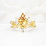 Vintage Floral Split Shank Kite Cut Citrine Bridal Ring Set - Yellow-Gold