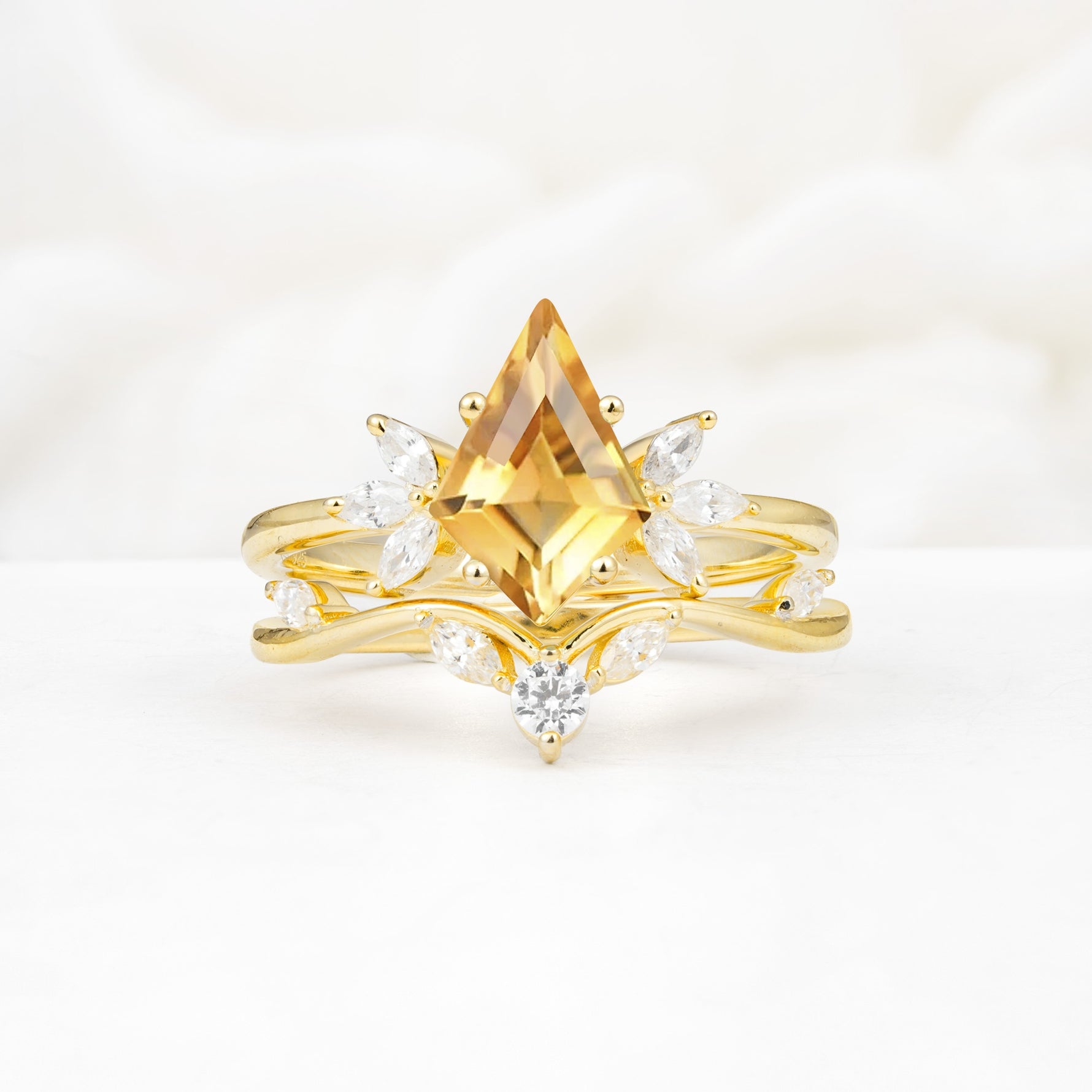 Vintage Floral Split Shank Kite Cut Citrine Bridal Ring Set - Yellow-Gold