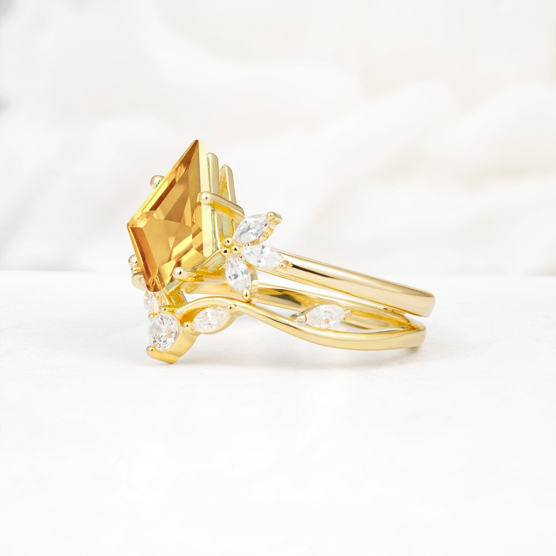 Vintage Floral Split Shank Kite Cut Citrine Bridal Ring Set - Rose-Gold